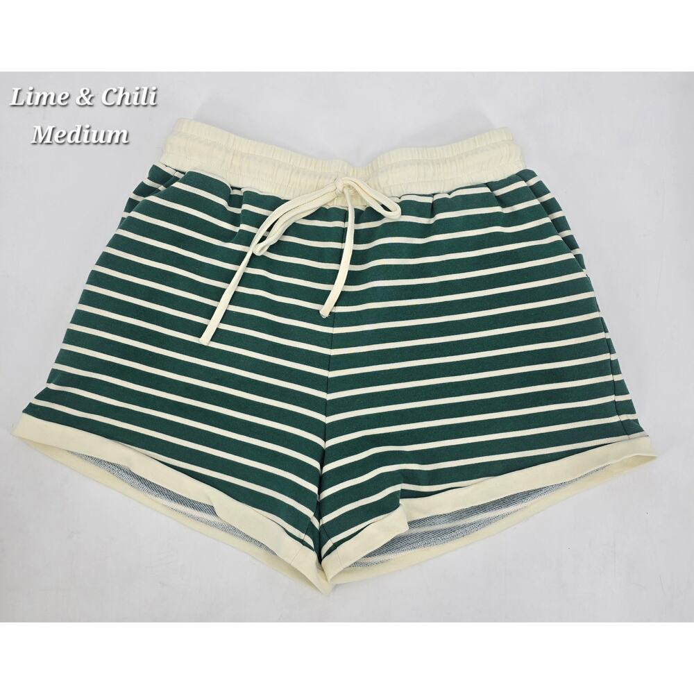 Lime & Chili Green Striped Lounge Shorts Medium‎ Drawstring Athleisure Coastal